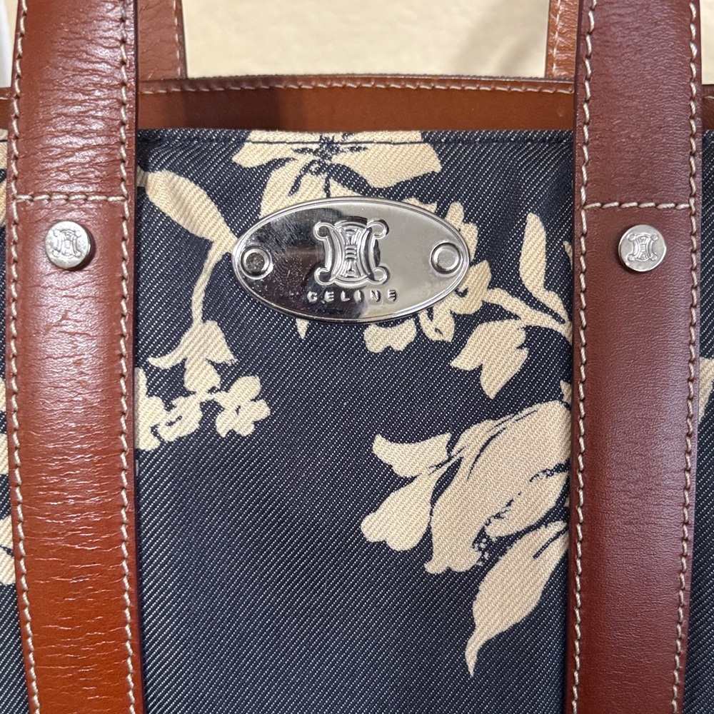 Celine Navy and Brown Floral Tote Bag with Pouch - Picture 2 of 16